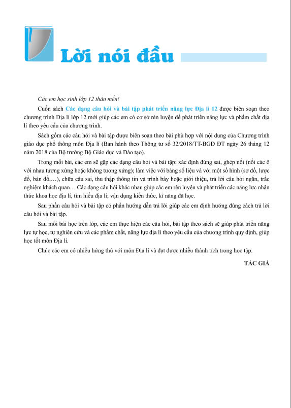 CÁC DẠNG CÂU HỎI VÀ BÀI TẬP PHÁT TRIỂN NĂNG LỰC ĐỊA LÍ LỚP 12 (Dùng chung cho các bộ SGK hiện hành)